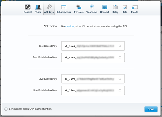 The API keys section of Stripe's account settings panel. You'll need one set of keys when calling stripe.init().